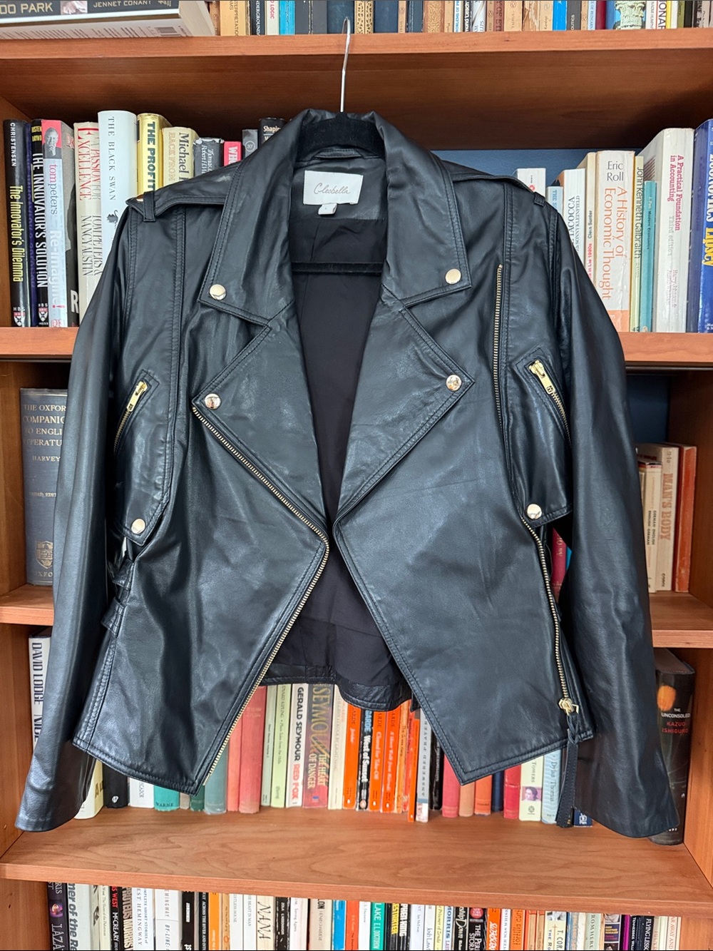 Cleobella Black Leather Asymmetrical Moto Jacket with Gold Hardware
